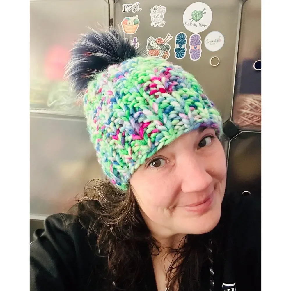 Hand Knit Merino Wool Beanie: DefiKnitly Tasteful Knit Hat with Faux Fur Pom